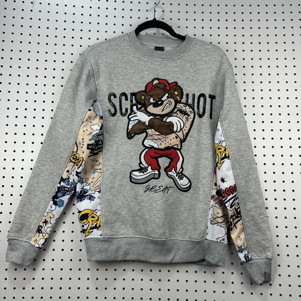 Screenshort Sweatshirt Mens Small Graphic Bear Streetwear Embroidered Crewneck